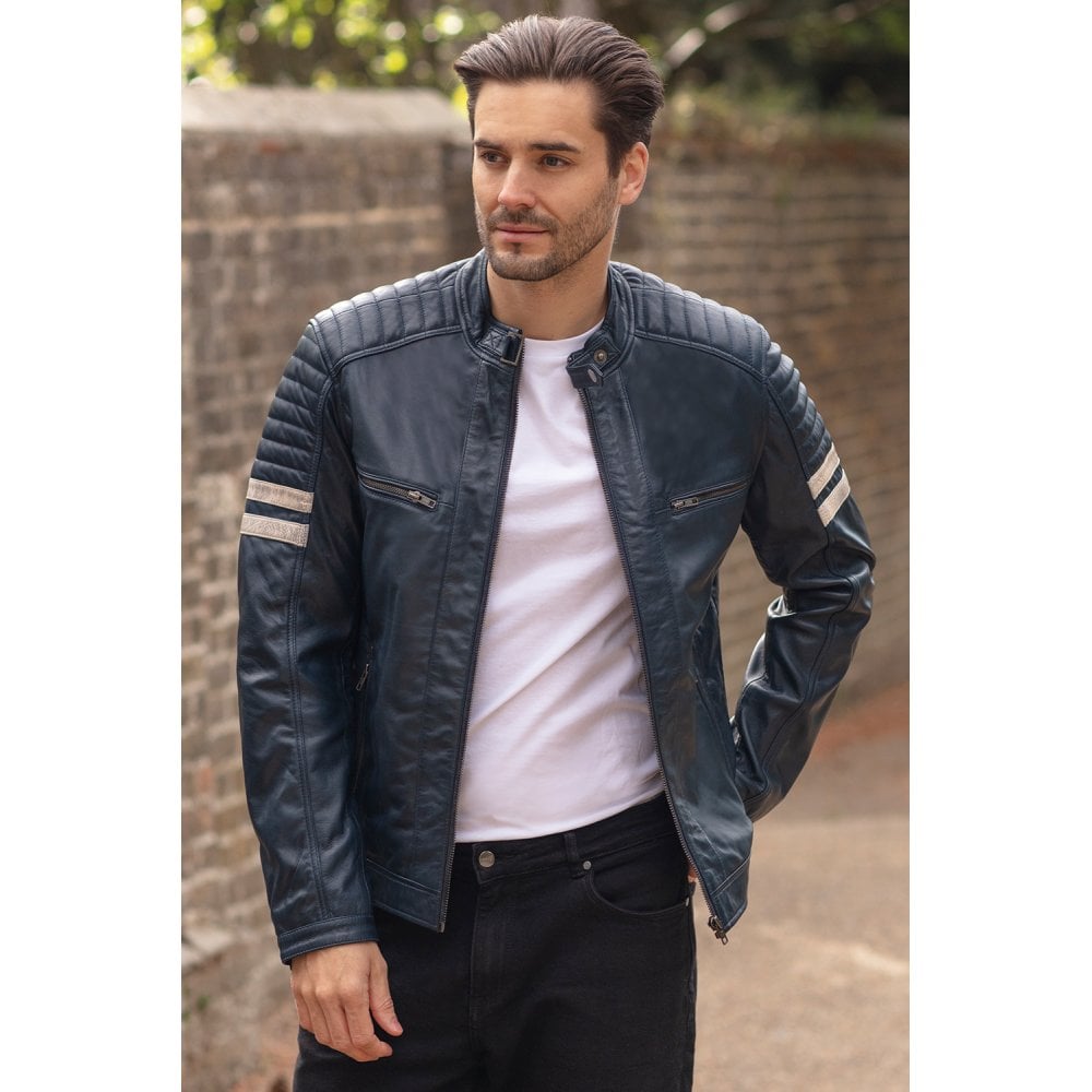 Men's Real Leather Biker Jacket With Stitch Detailings Navy: AWM-NOVA2
