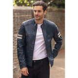 Men's Real Leather Biker Jacket With Stitch Detailings Navy: AWM-NOVA2