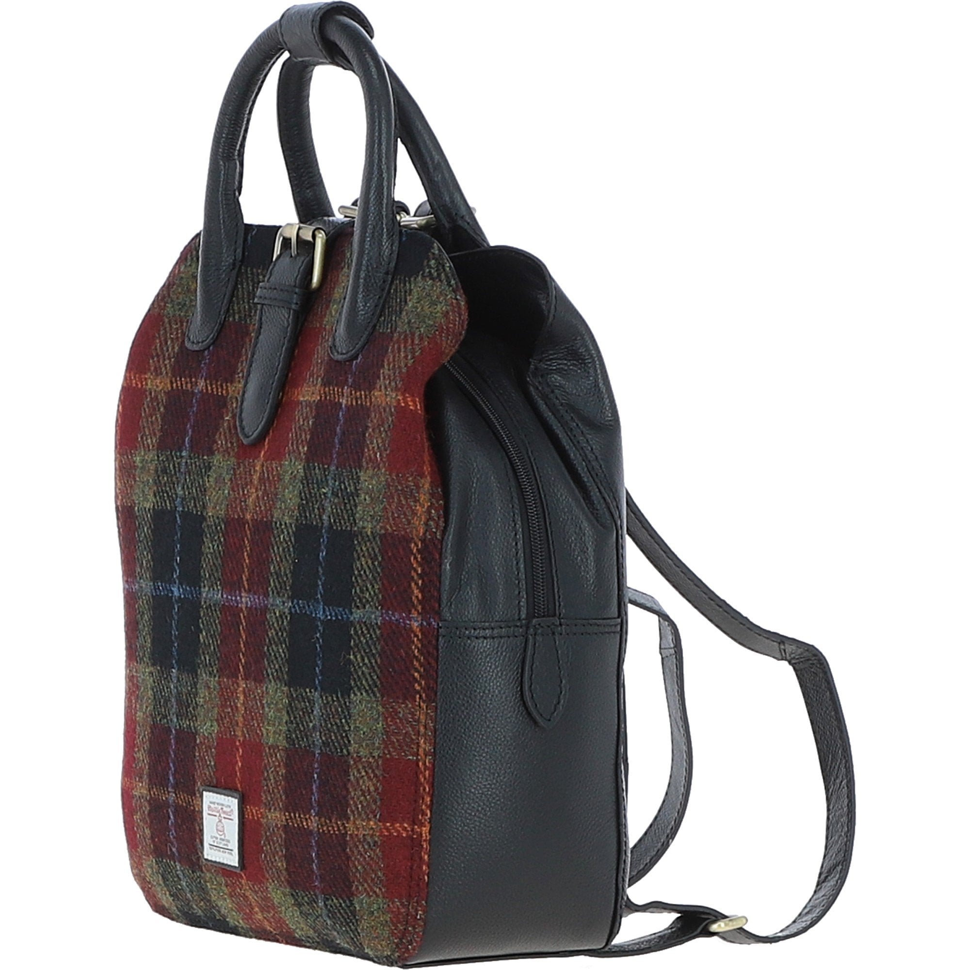 Ashwood Leather & Harris Tweed® Cloth Multi-Pocket Backpack Black/Green/Red: TW-66-07-BR