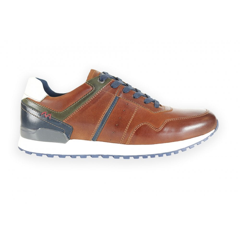 Front Men's Leather Casual Trainers Tan/Navy: LC BRESCIA