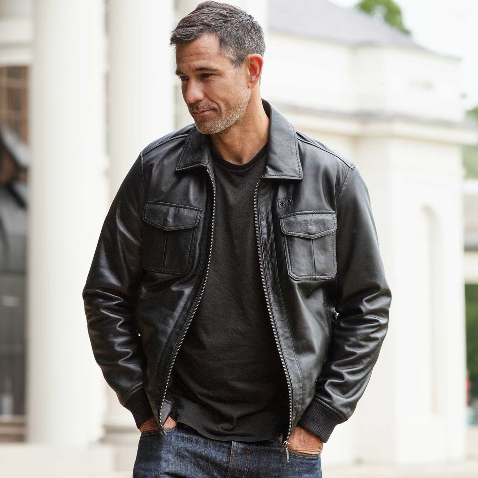 Men's Real Leather Bomber Jacket with Brando Collar Black: AWM-Pointer