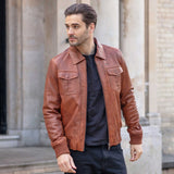 Men's Real Leather Bomber Jacket with Brando Collar Tan: AWM-Pointer