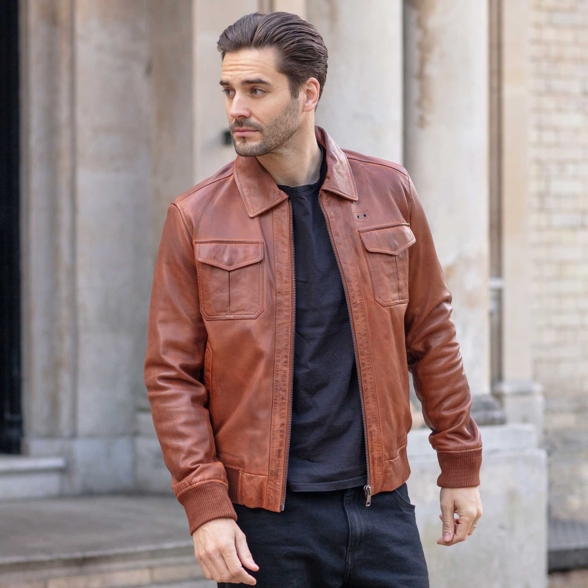 Men's Real Leather Bomber Jacket with Brando Collar Tan: AWM-Pointer
