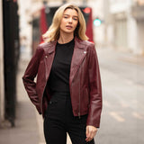 Real Leather Ladies Biker Jacket with Mandarin Collar Burgundy: AWL-N32