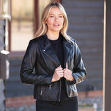 Real Leather Ladies Biker Jacket with Mandarin Collar Black: AWL-N32