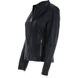 Real Leather Biker Style Jacket with Mandarin Collar Black: AWL-Kate