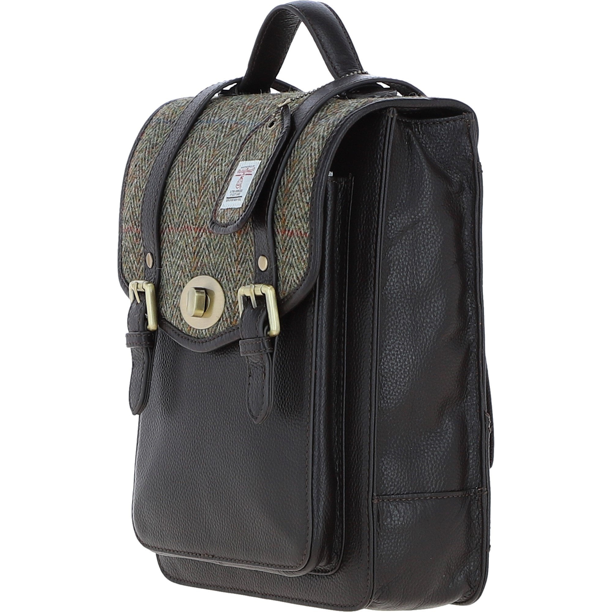 Ashwood Leather & Harris Tweed® Cloth Medium Backpack with Twist Lock Brown/Green: TW-37-09-BG