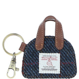 Ashwood Leather & Harris Tweed® Cloth Flat Miniature Handbag Keyring Tan/Navy: TW-51-11-TN