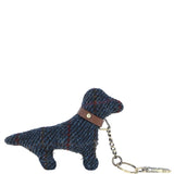 Authentic Harris Tweed® Cloth Dog-Shaped Keychain Made By Ashwood Leather Tan/Navy: TW-54-11-TN