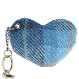 Authentic Harris Tweed® Cloth Heart-Shaped Keychain Made By Ashwood Leather Tan/LT Blue: TW-53-05-TB