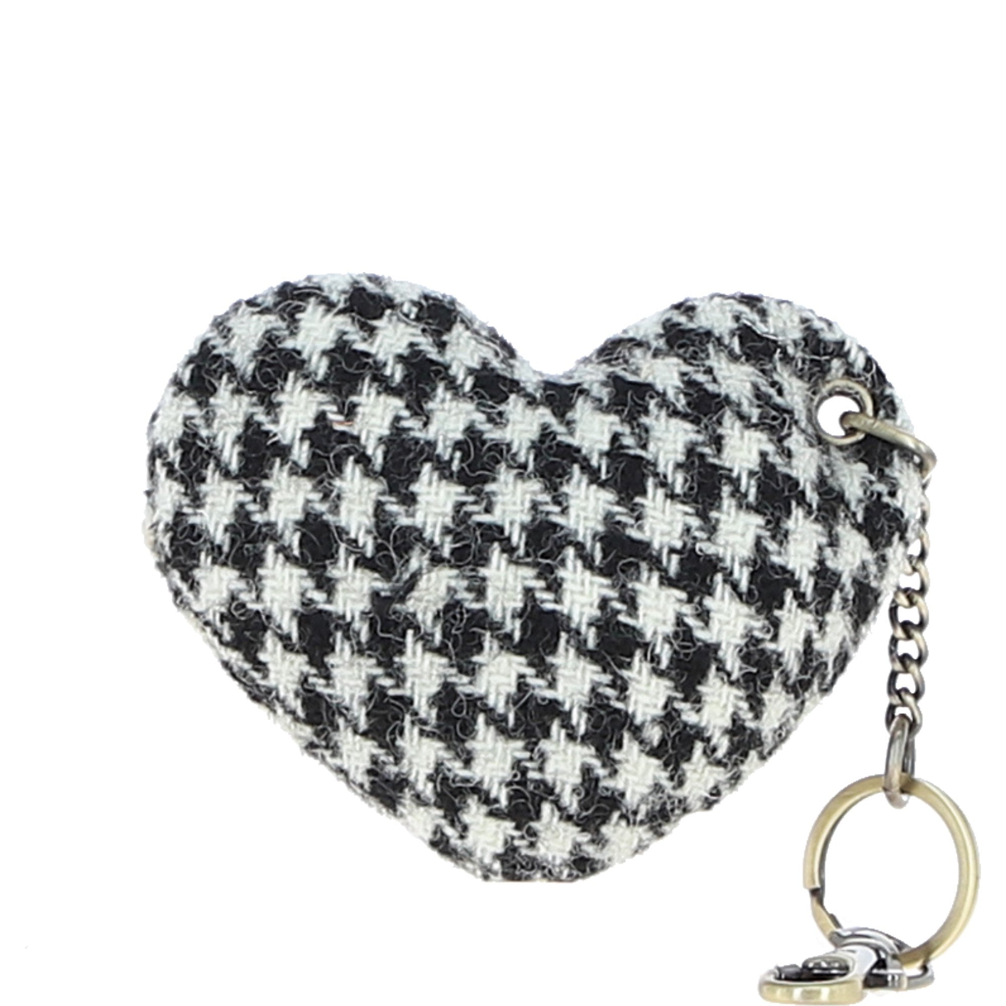 Authentic Harris Tweed® Cloth Heart-Shaped Keychain Made By Ashwood Leather Black/White: TW-53-12-BW
