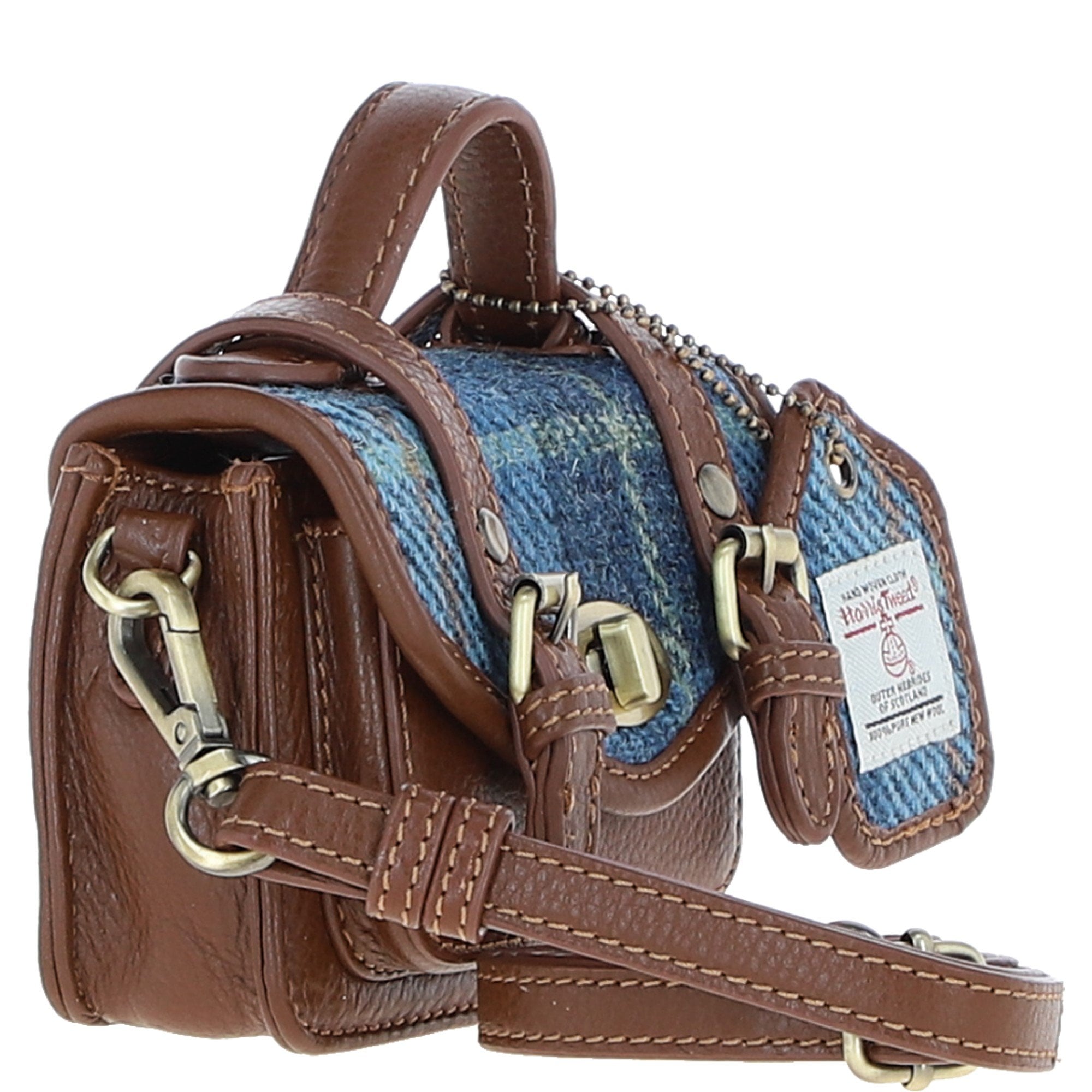Ashwood Leather & Harris Tweed® Cloth Micro Satchel Bag with Twist Lock Tan/LT Blue:TW-36-05-TB