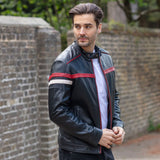 Ashwood Men's Leather Biker Jacket with Red Stripe Black: AWM-BOXER
