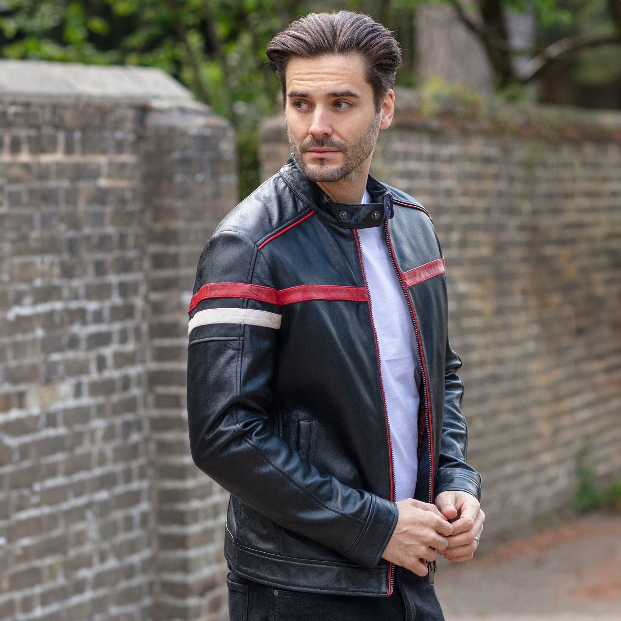 Ashwood Men's Leather Biker Jacket with Red Stripe Black: AWM-BOXER