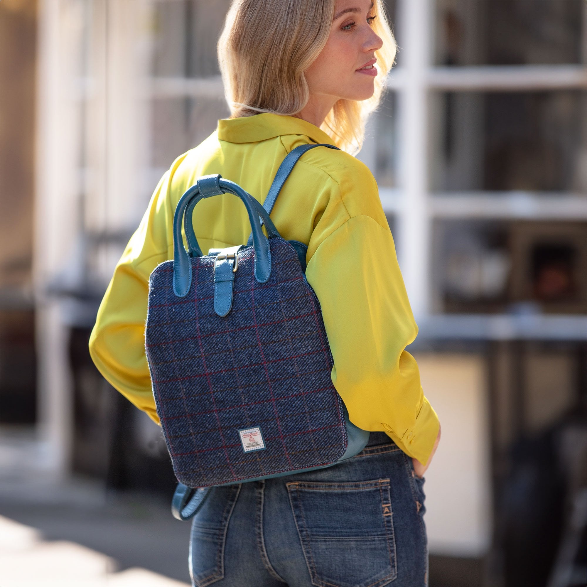 Ashwood Leather & Harris Tweed® Cloth Multi-Pocket Backpack Teal/Navy: TW-66-16-TN