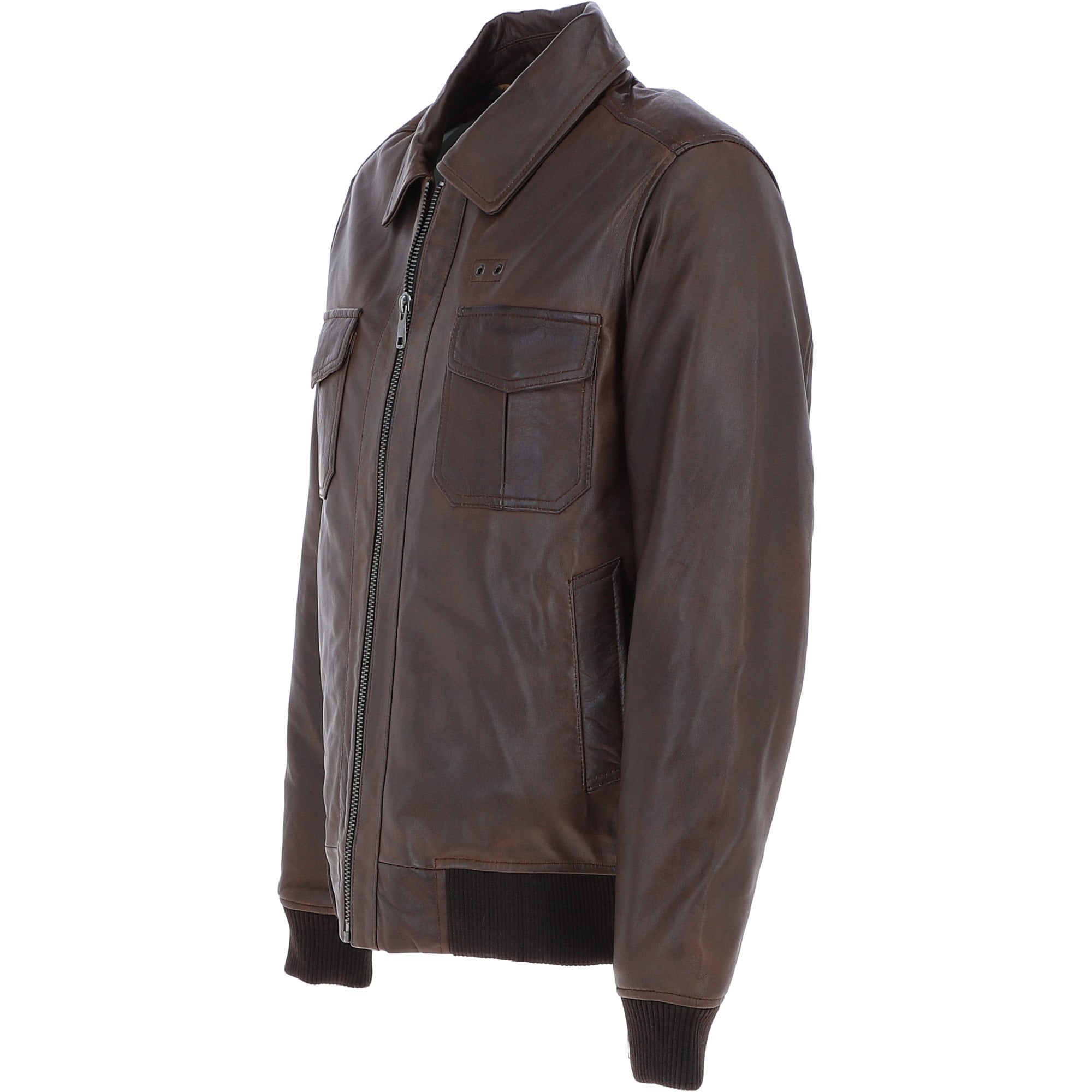 Men's Real Leather Bomber Jacket with Brando Collar Aq Brown: AWM-Pointer