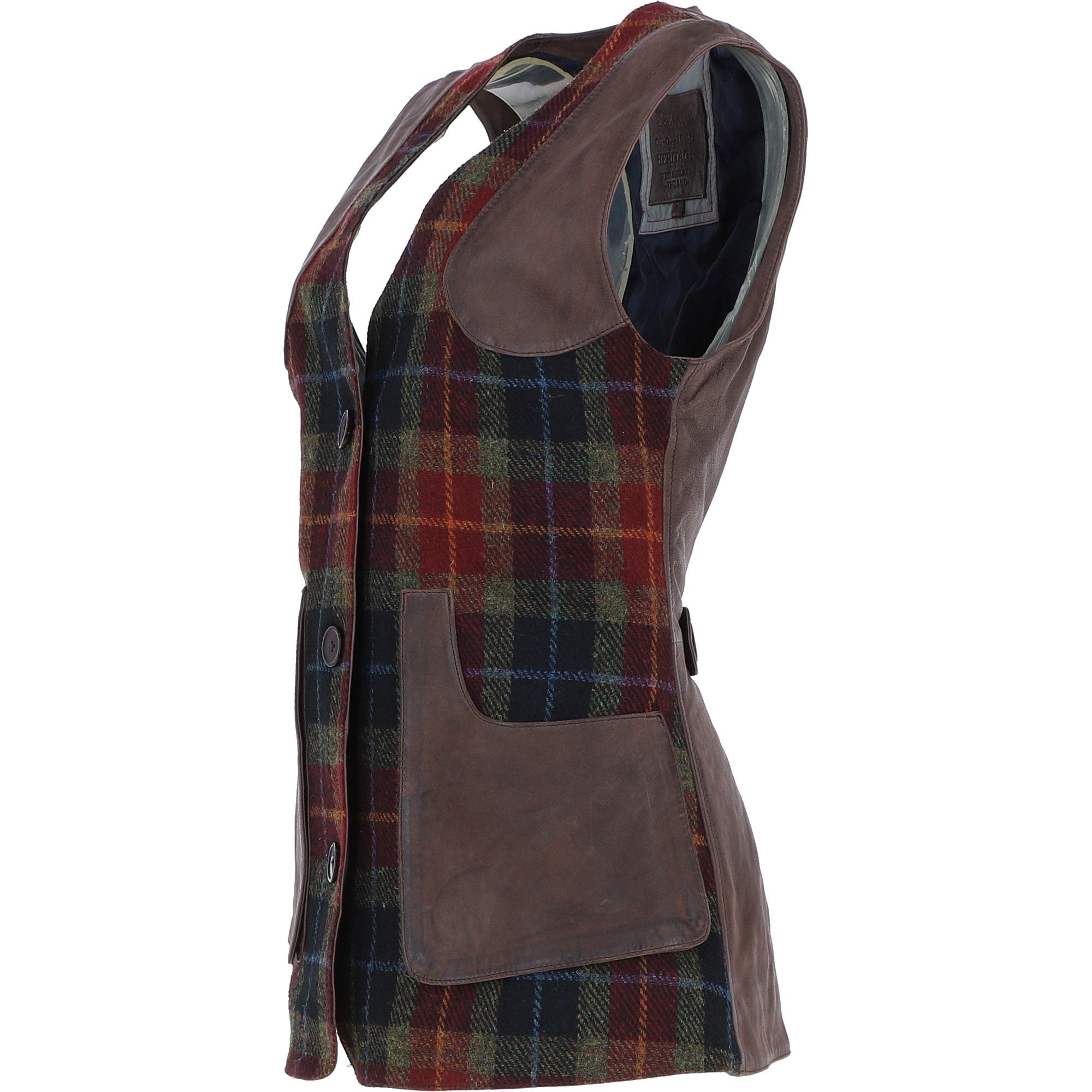 Ashwood Women's Country Tailored Buttoned Gilet with Leather Trim Brown/Red/Green: TW-704-07-BR