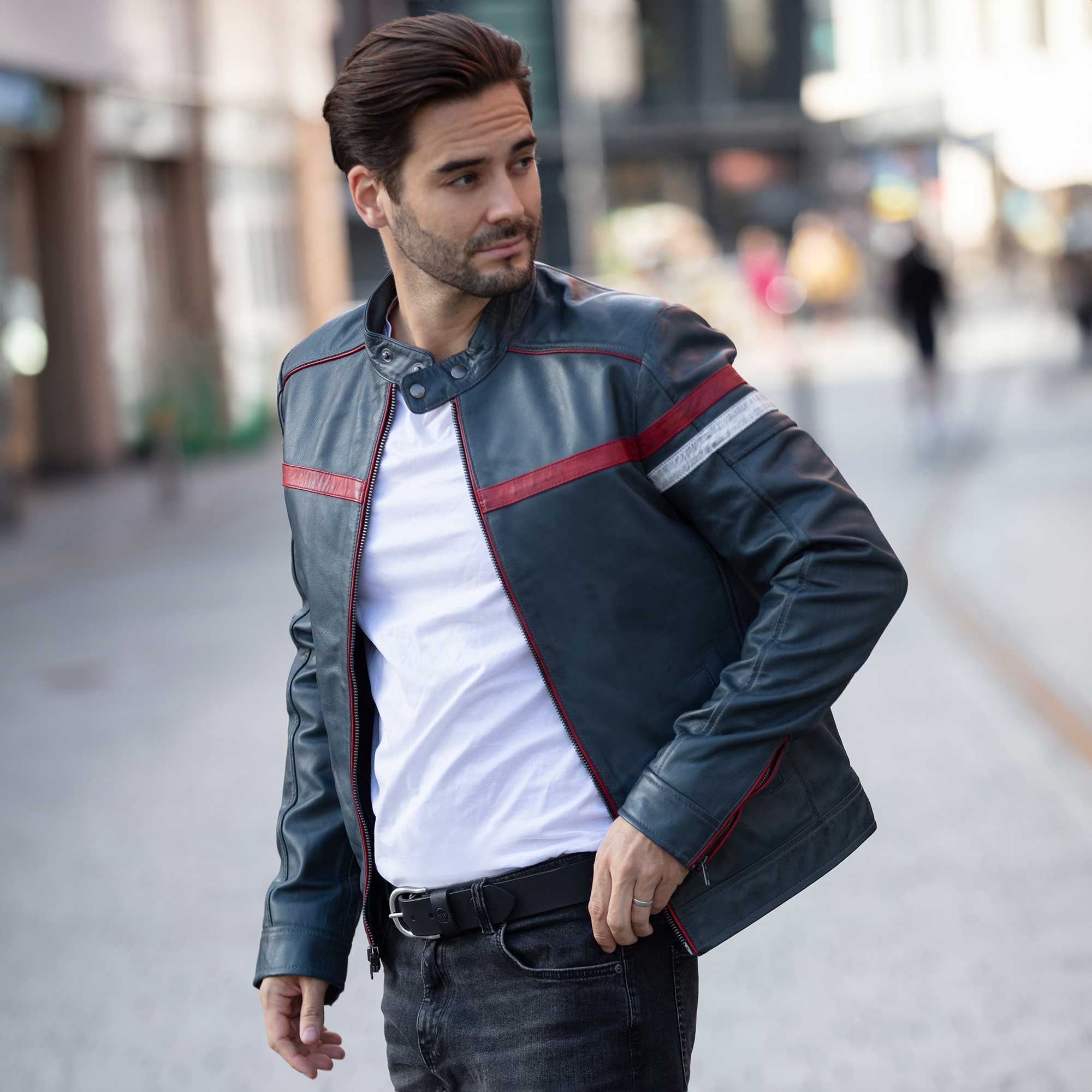 Ashwood Men's Leather Biker Jacket with Red Stripe Grey: AWM-BOXER