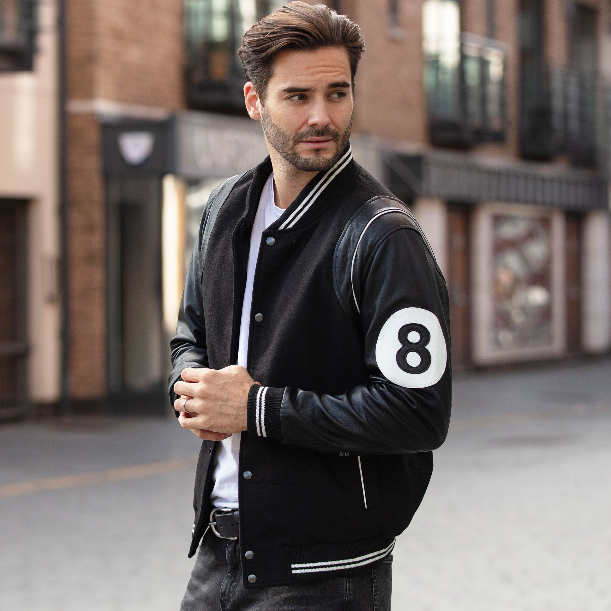 Ashwood Leather Men’s Wool and Leather Bomber Jacket with Striped Collar in Black: AWM-8