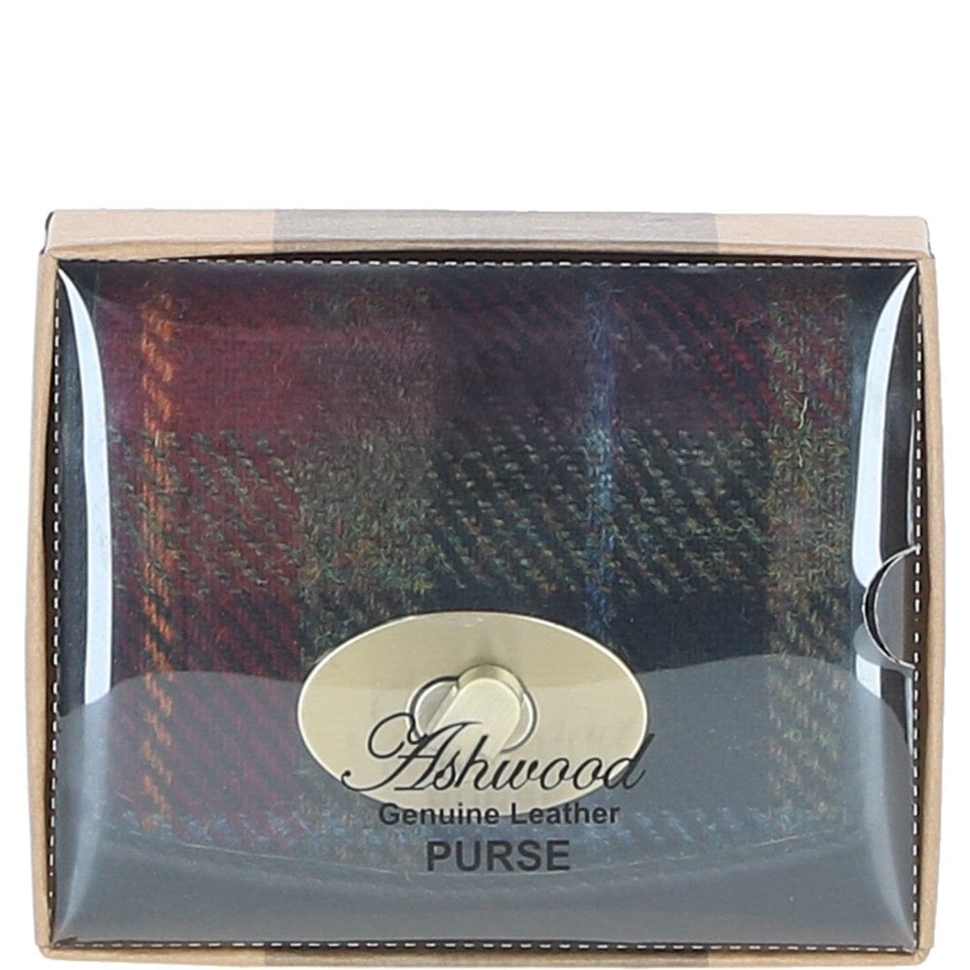 Elegant Ashwood Leather & Harris Tweed® Cloth Trifold Twist-Lock Purse Black/Green/Red: TW-10-07-BR