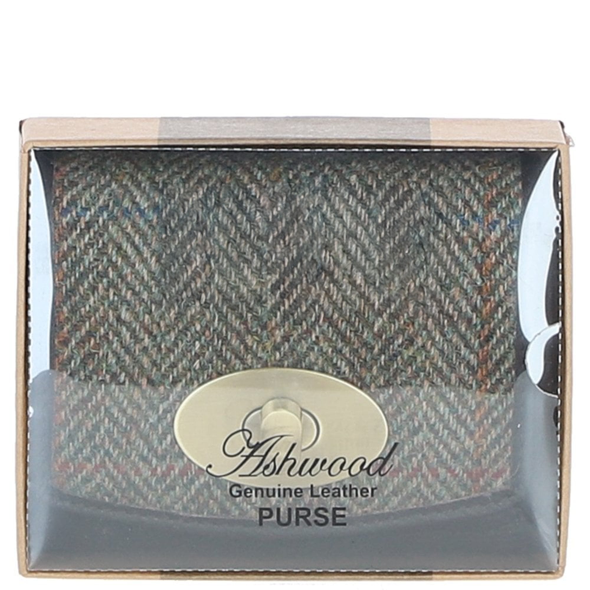 Elegant Ashwood Leather & Harris Tweed® Cloth Trifold Twist-Lock Purse Brown/Green: TW-10-09-BG