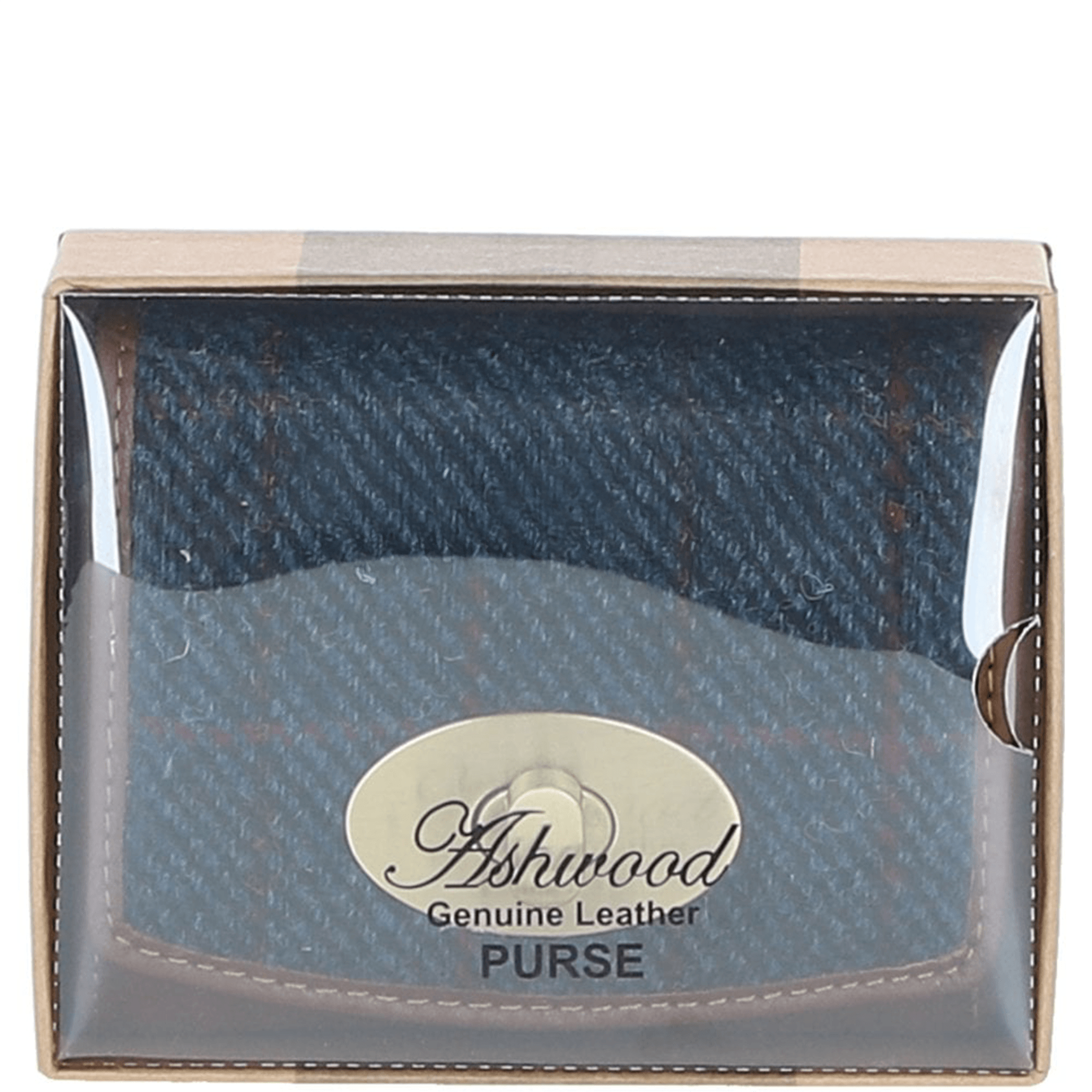 Elegant Ashwood Leather & Harris Tweed® Cloth Trifold Twist-Lock Purse Tan/Navy: TW-10-11-TN