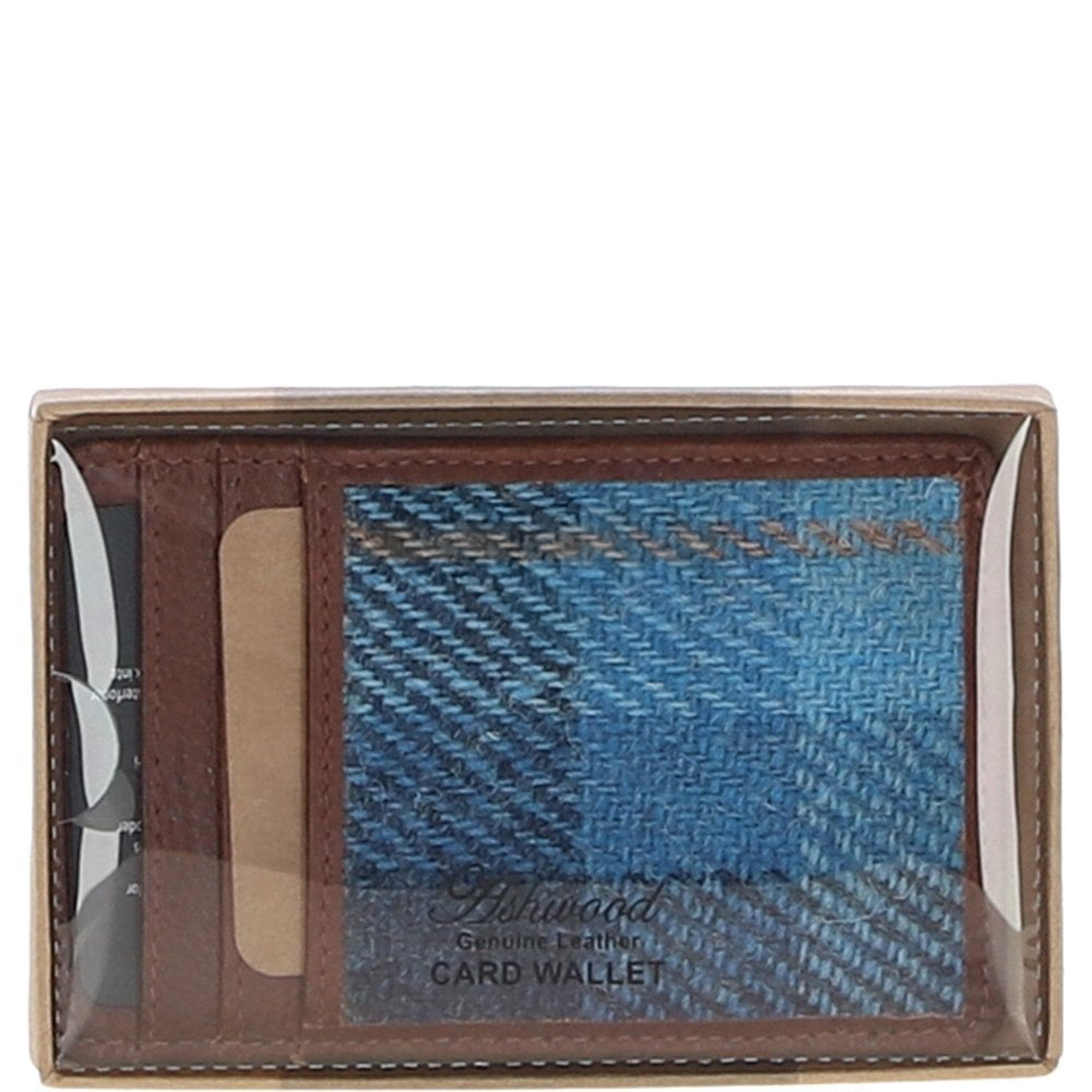 Ashwood Leather & Harris Tweed® Cloth Card Holder Tan/LT Blue: TW-15-05-TB