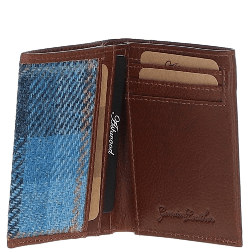Versatile Ashwood Leather & Harris Tweed® Cloth RFID Secure Wallet Tan/LT Blue: TW-17-05-TB