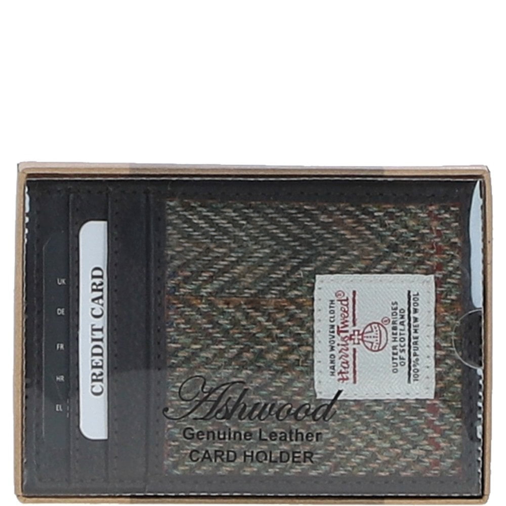 Ashwood Leather & Harris Tweed® Cloth Stylish Flat Card Holder Brown/Green: TW-52-09-BG