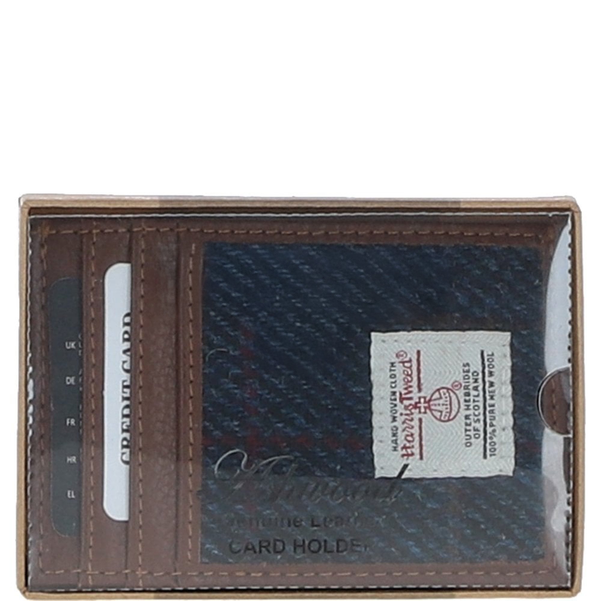 Ashwood Leather & Harris Tweed® Cloth Stylish Flat Card Holder Tan/Navy: TW-52-11-TN