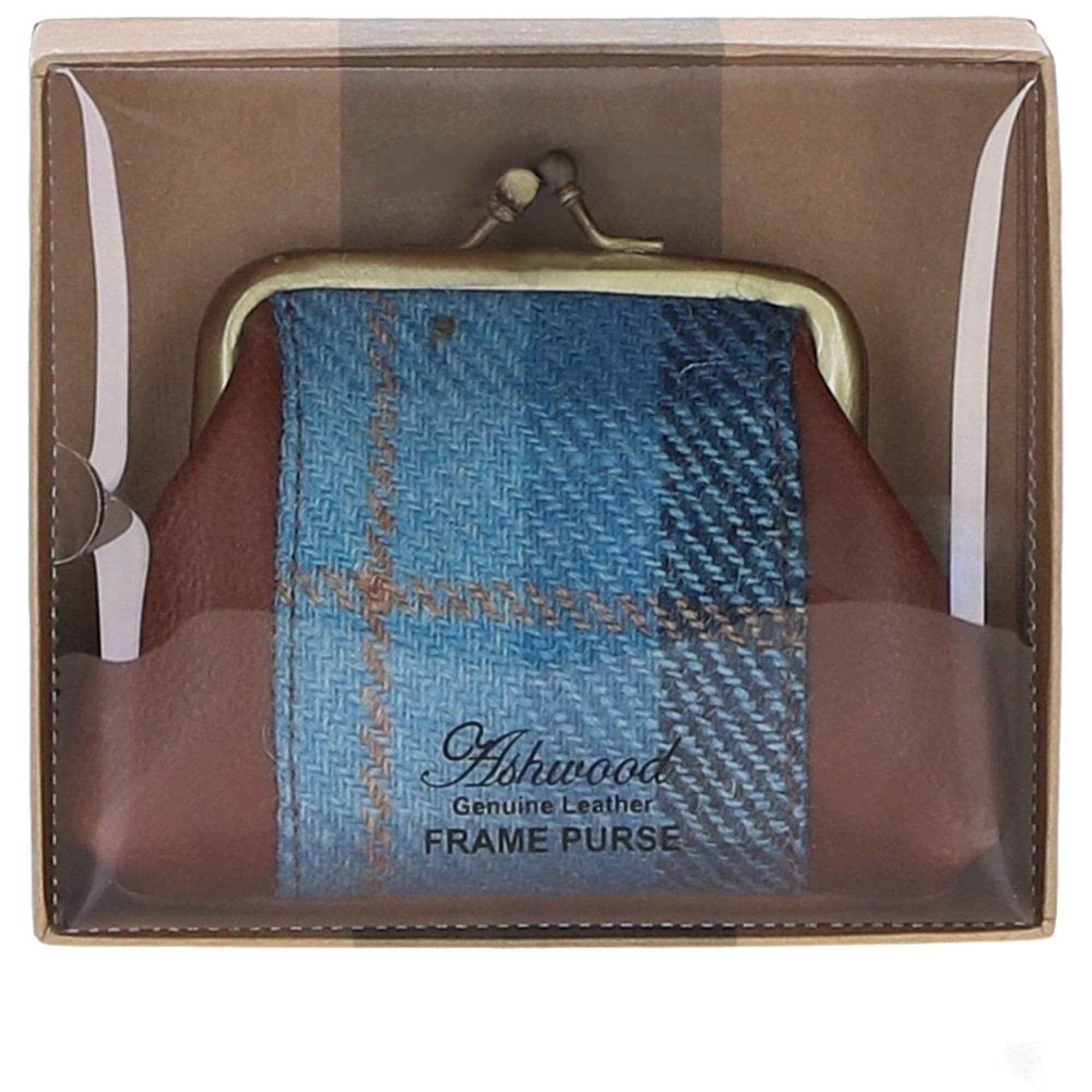Ashwood Leather & Harris Tweed® Cloth Classic kiss-lock Purse Tan/LT Blue: TW-13-05-TB