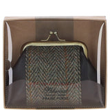 Ashwood Leather & Harris Tweed® Cloth Classic kiss-lock Purse Brown/Green: TW-13-09-BG
