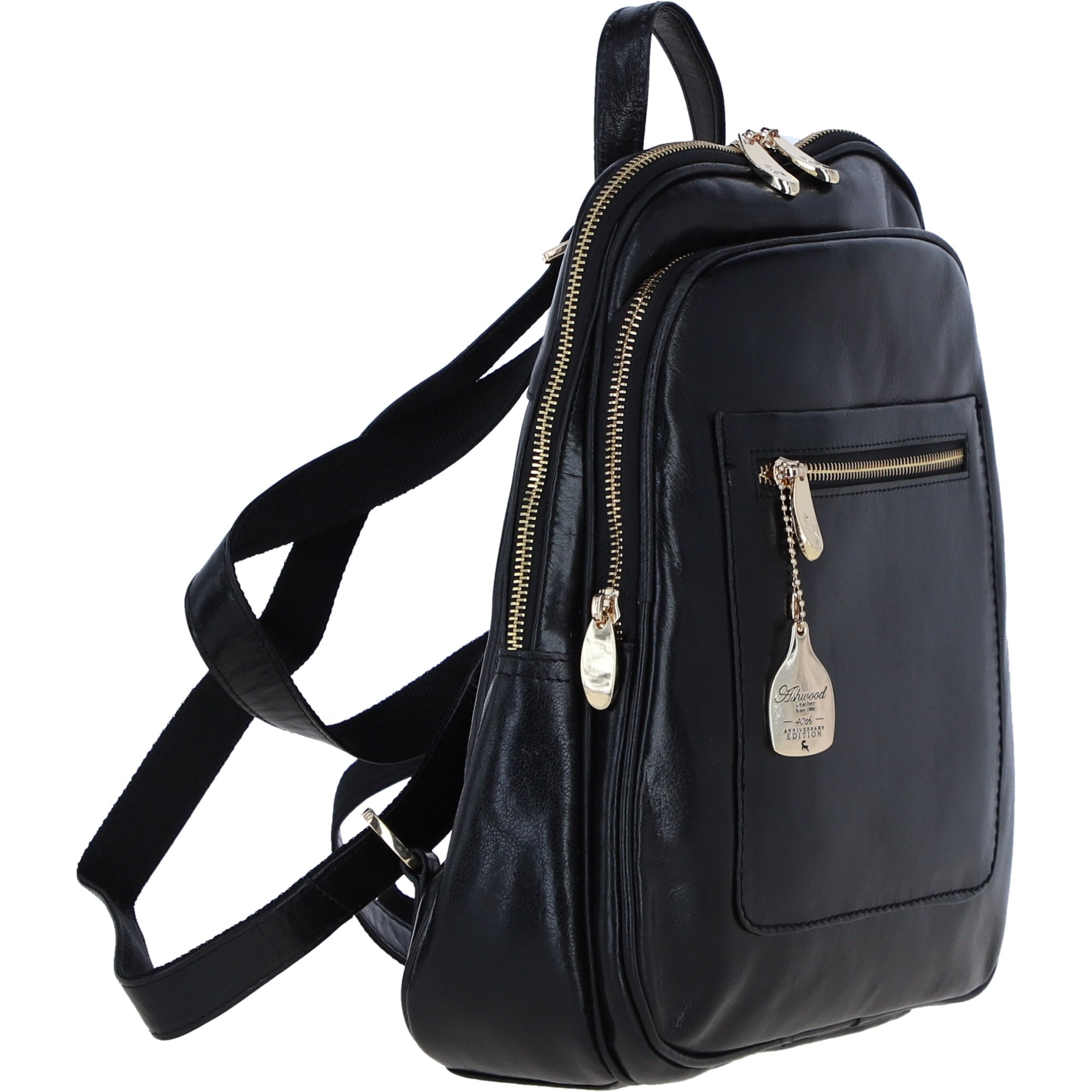Ashwood Leather Backpack with Multiple Pockets and Golden Hardware in Black: C-74