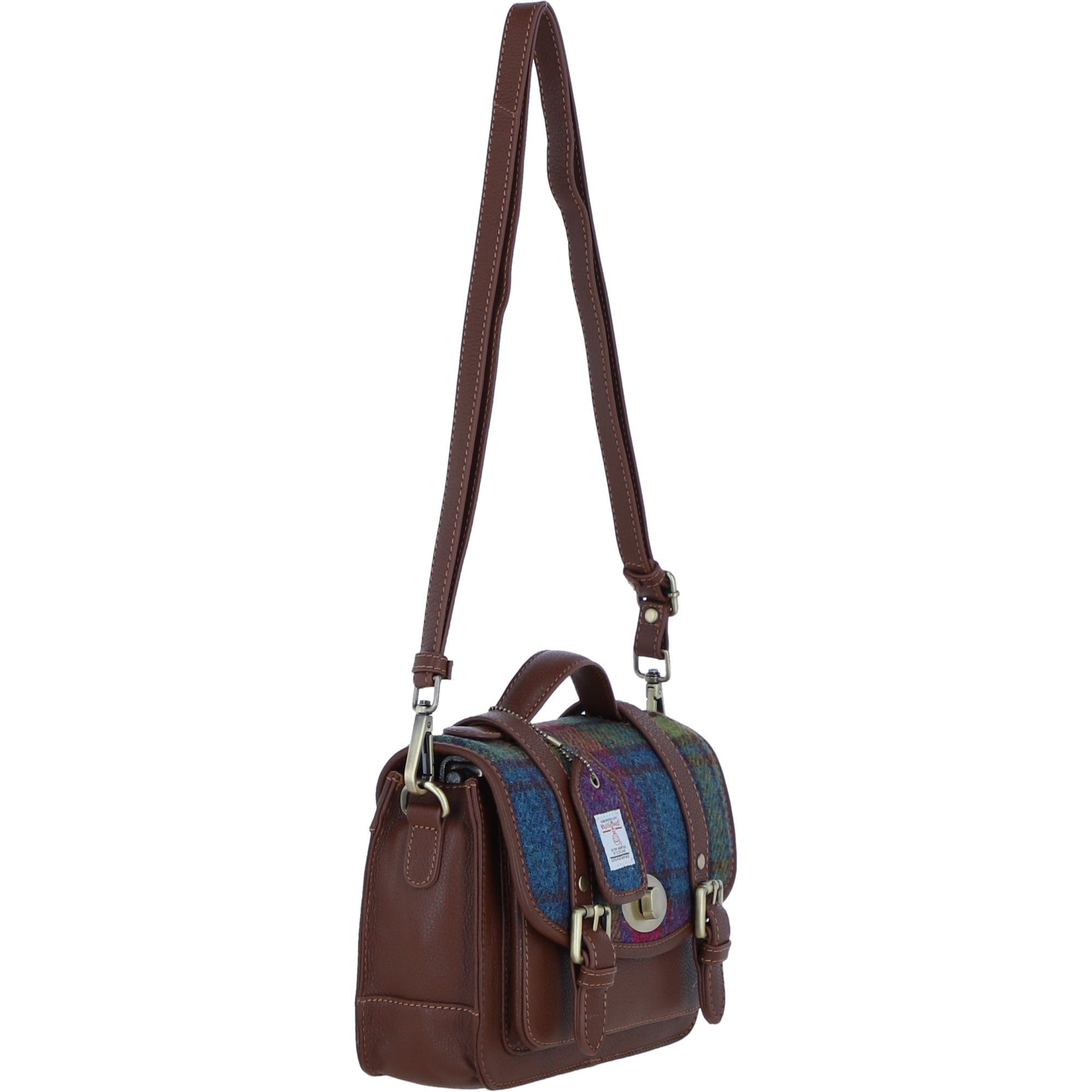 Ashwood Leather & Harris Tweed® Cloth Medium Satchel Bag with Twist Lock Tan/Purple: TW-34-13-TP