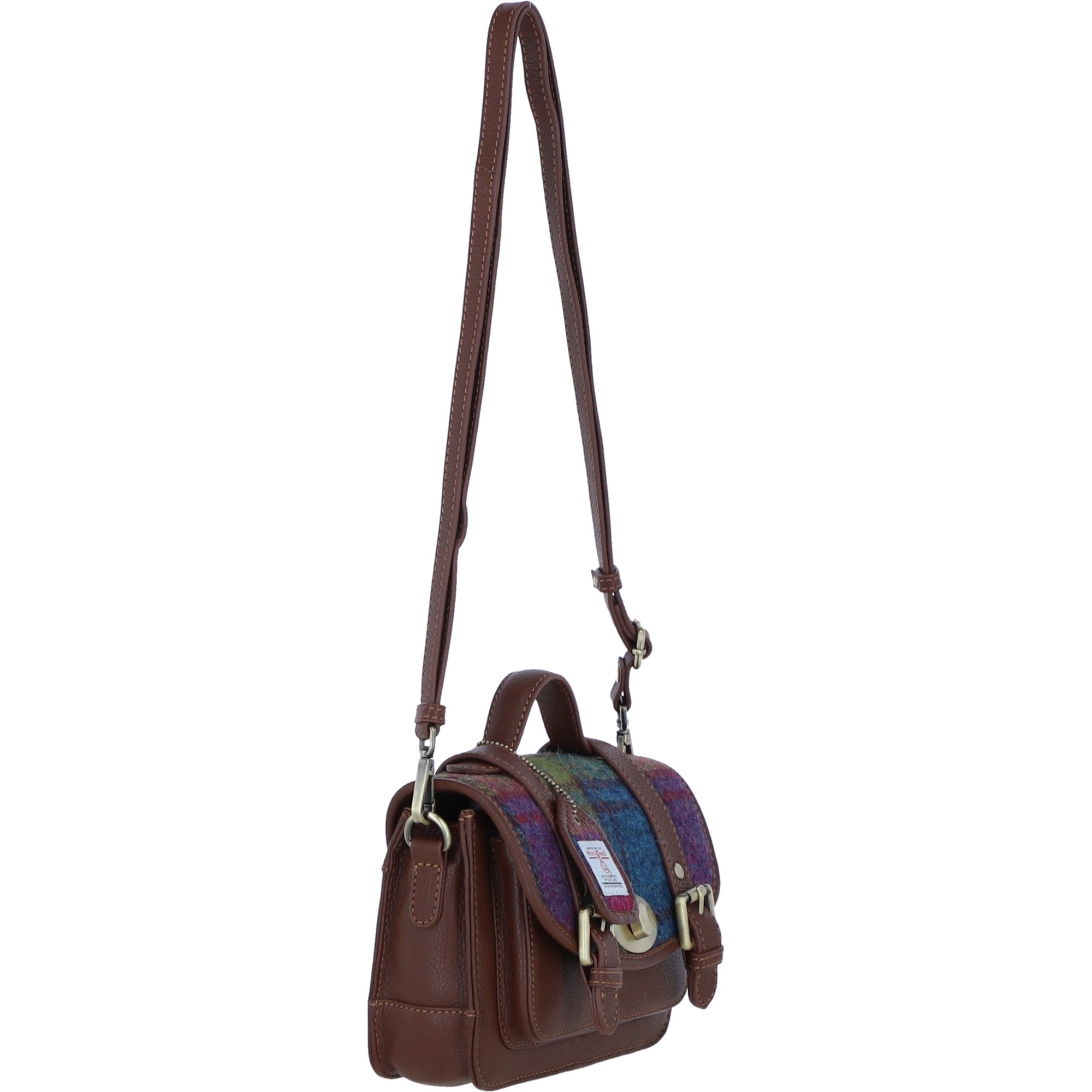 Ashwood Leather & Harris Tweed® Cloth Small Satchel Bag with Twist Lock Tan/Purple: TW-33-13-tp