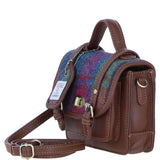 Ashwood Leather & Harris Tweed® Cloth Mini Satchel Bag with Twist Lock Tan/Purple: TW-32-13-TP