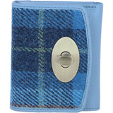 Elegant Ashwood Leather & Harris Tweed® Cloth Trifold Twist-Lock Purse Baby blue/blue: TW-10-19-bb