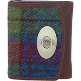 Elegant Ashwood Leather & Harris Tweed® Cloth Trifold Twist-Lock Purse Tan/Purple: TW-10-13-tp
