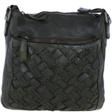 Ashwood Leather Woven Design Crossbody Bag with Multiple Zip Pockets in Green W-26