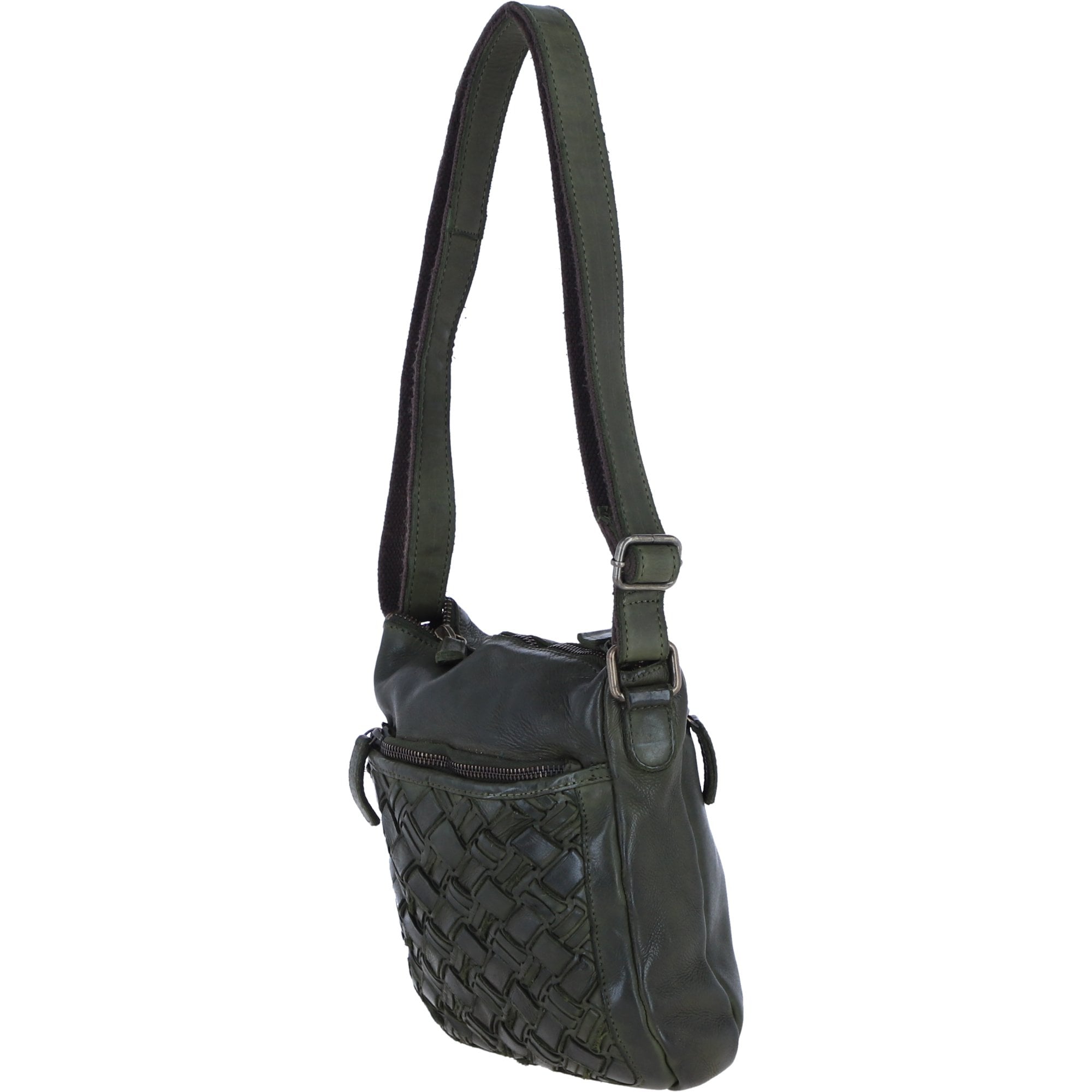 Ashwood Leather Woven Design Crossbody Bag with Multiple Zip Pockets in Green W-26