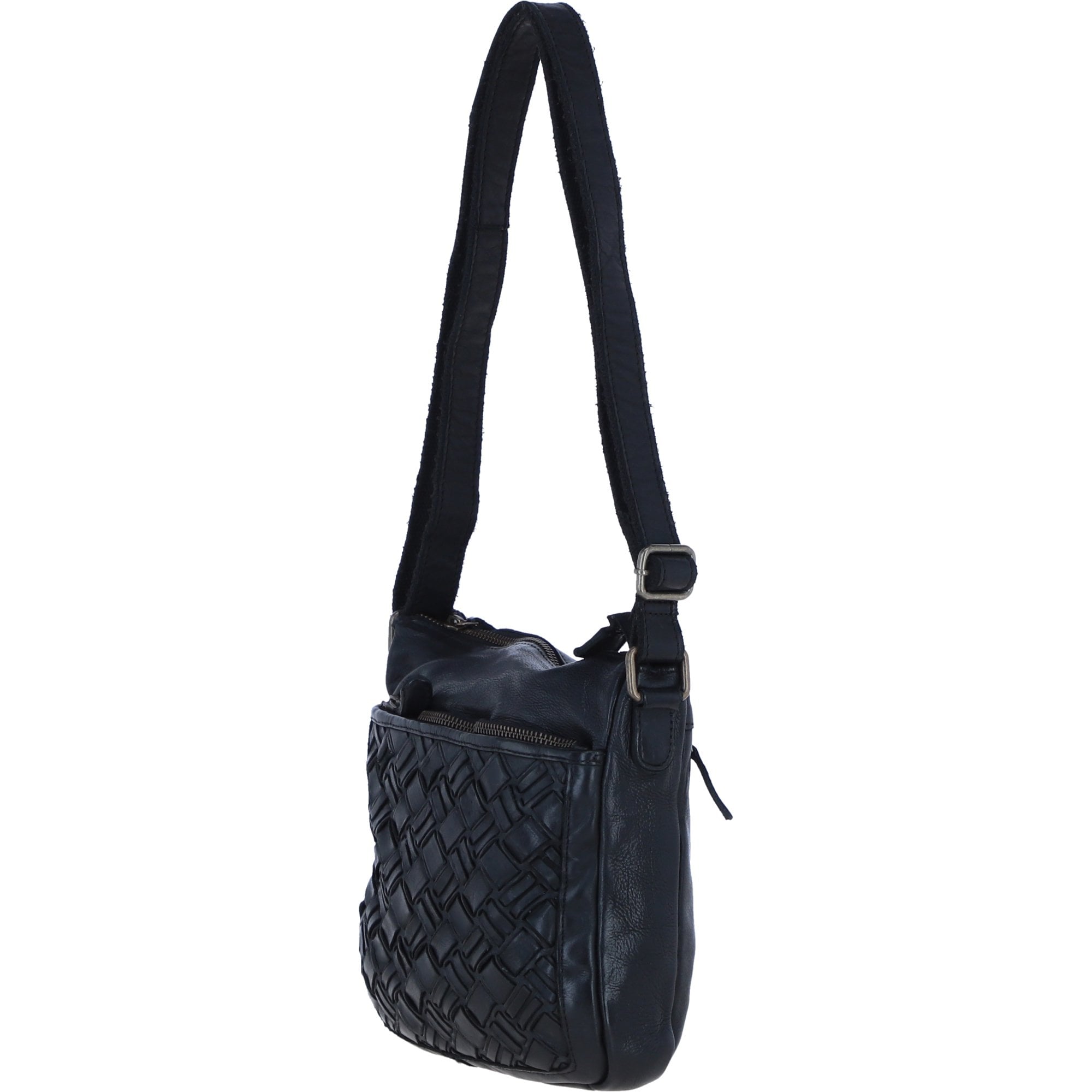 Ashwood Leather Woven Design Crossbody Bag with Multiple Zip Pockets in Black: W-26