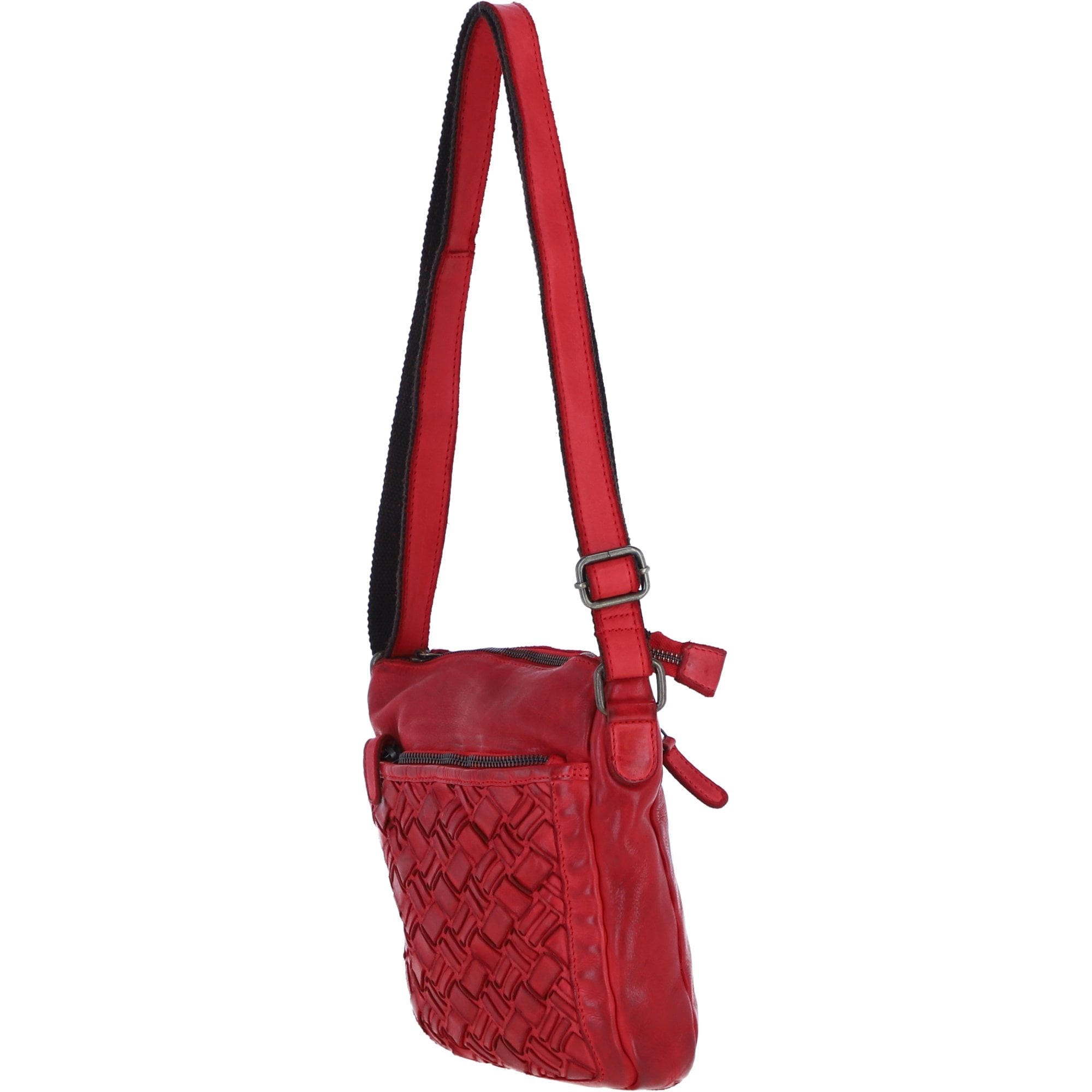 Ashwood Leather Woven Design Crossbody Bag with Multiple Zip Pockets in Red: W-26