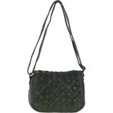 Ashwood Leather Woven Design Flapover Crossbody Bag with Adjustable Strap in Green: W-25