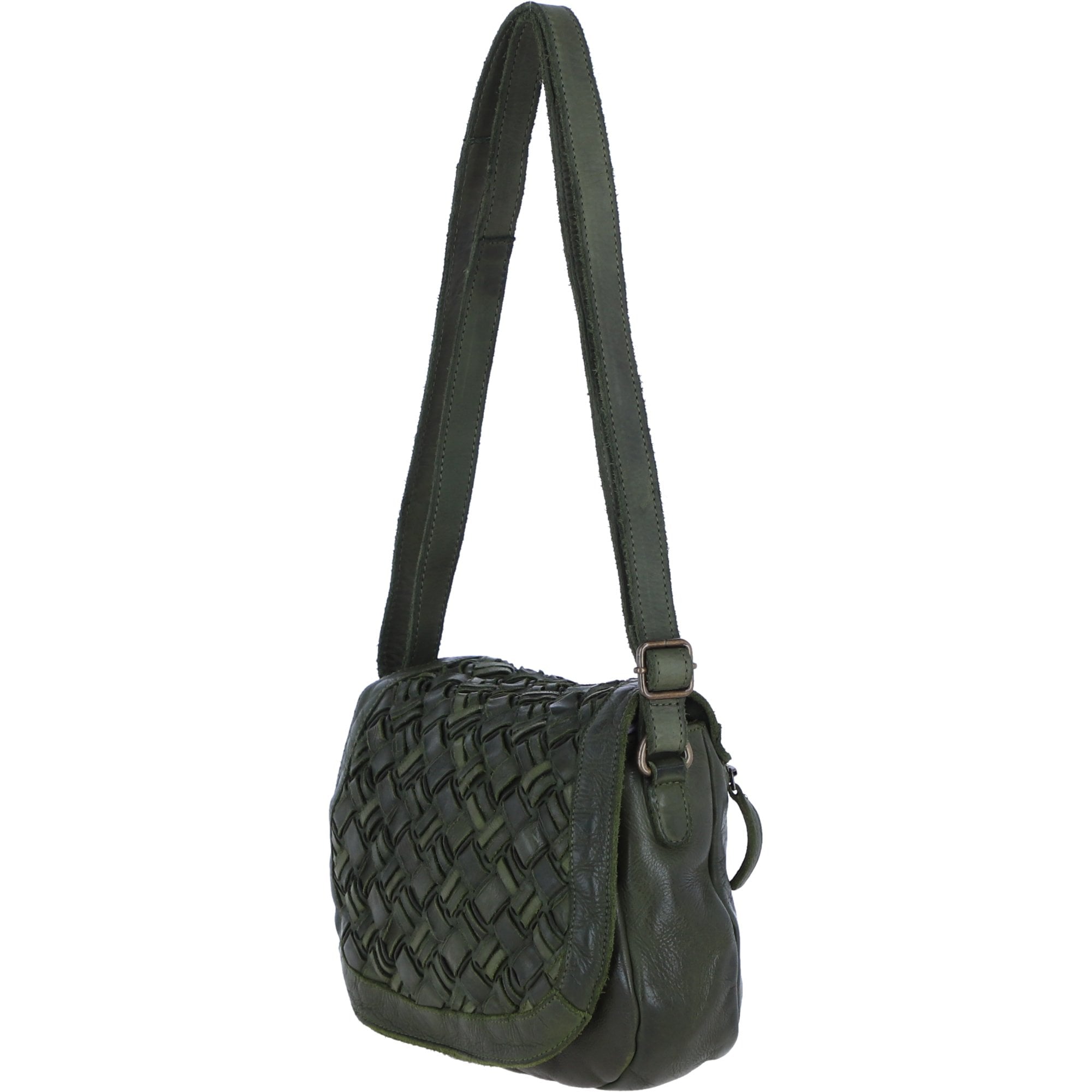 Ashwood Leather Woven Design Flapover Crossbody Bag with Adjustable Strap in Green: W-25