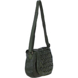 Ashwood Leather Woven Design Flapover Crossbody Bag with Adjustable Strap in Green: W-25