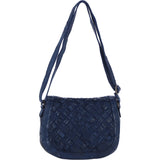Ashwood Leather Woven Design Flapover Crossbody Bag with Adjustable Strap in Navy: W-25