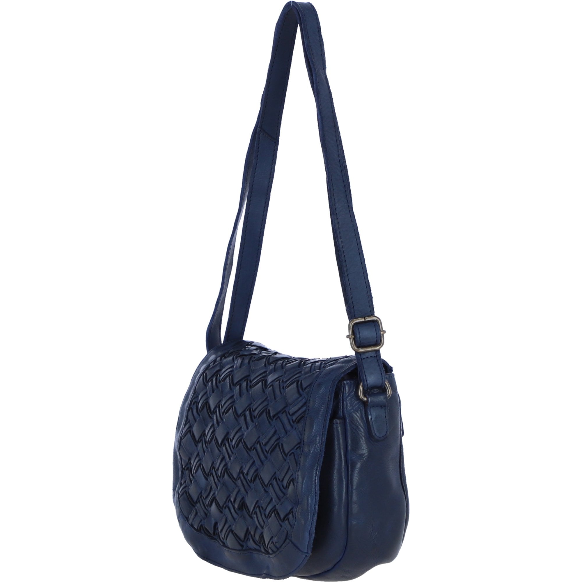 Ashwood Leather Woven Design Flapover Crossbody Bag with Adjustable Strap in Navy: W-25