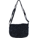 Ashwood Leather Woven Design Flapover Crossbody Bag with Adjustable Strap in Black: W-25