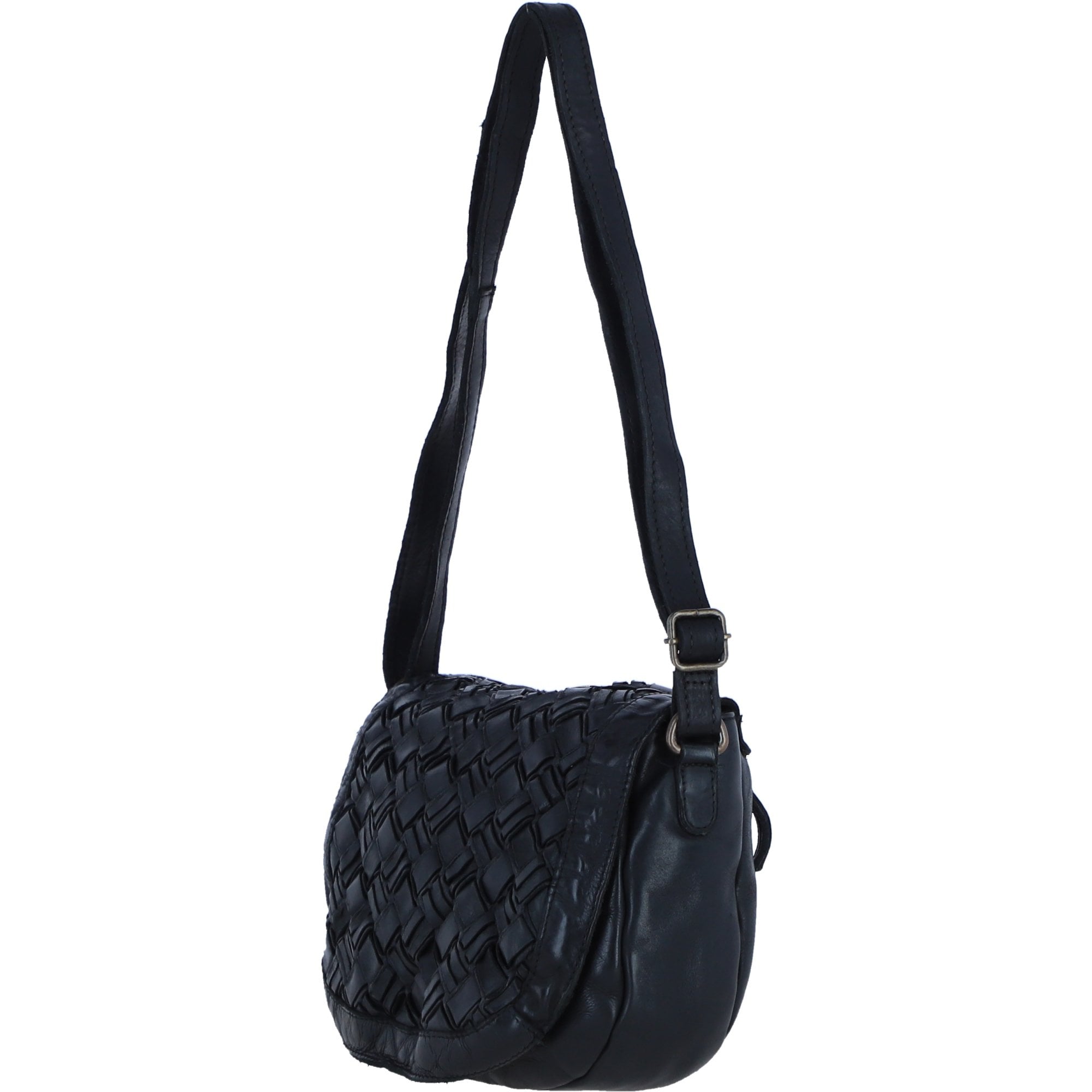 Ashwood Leather Woven Design Flapover Crossbody Bag with Adjustable Strap in Black: W-25
