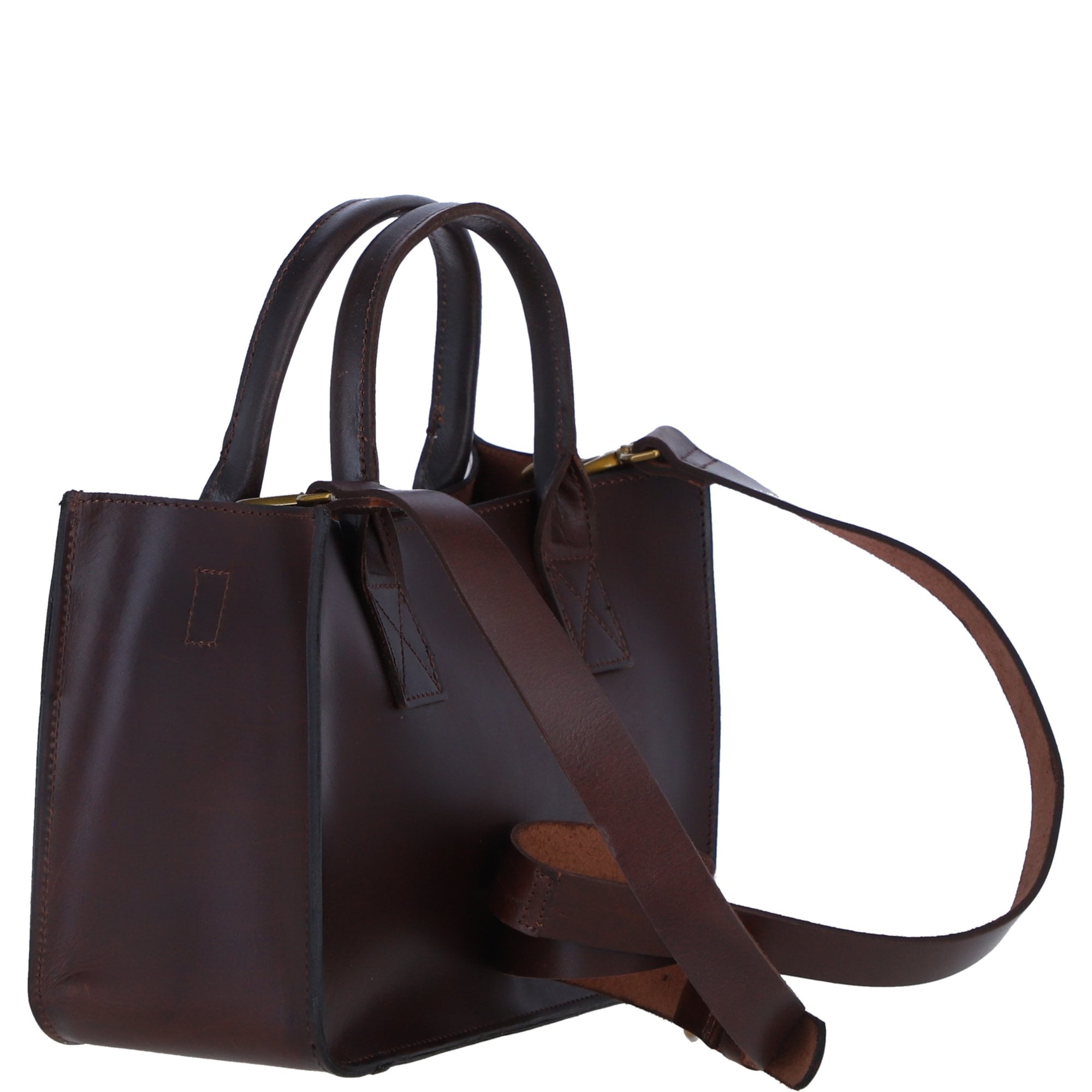 Exquisite Genuine Leather Small Structured Tote Bag with Detachable Strap and Pouch in Brandy: S-01